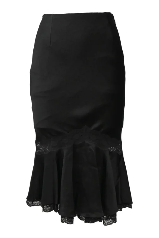 Black lace-trimmed silk godet slip skirt