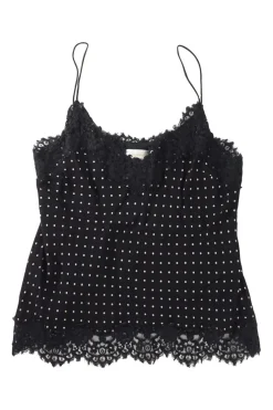 Black lace-trimmed viscose polka dot print camisole with fixed spaghetti straps