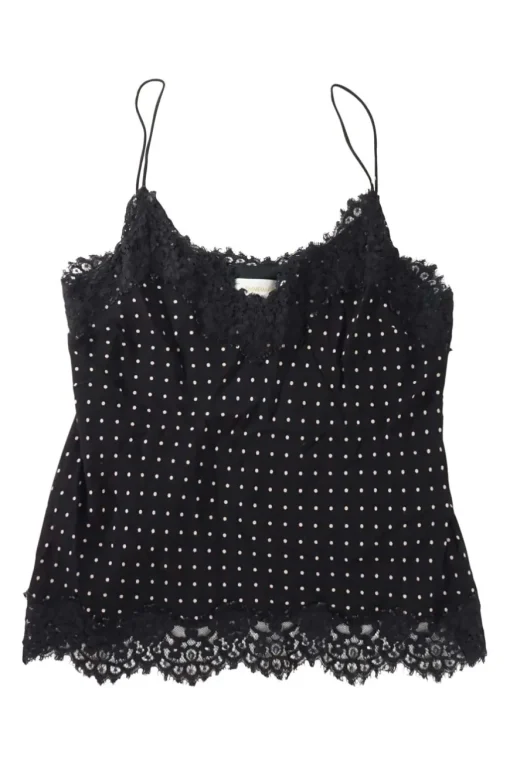 Black lace-trimmed viscose polka dot print camisole with fixed spaghetti straps