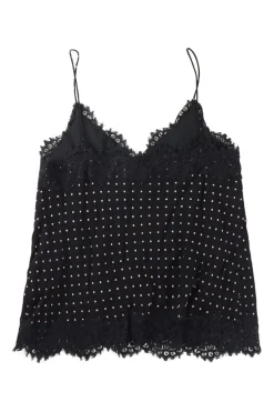 Black lace-trimmed viscose polka dot print camisole with fixed spaghetti straps