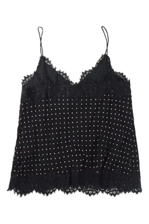 Black lace-trimmed viscose polka dot print camisole with fixed spaghetti straps