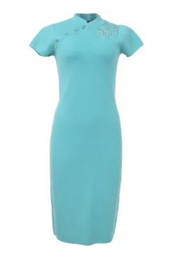 Black laser-cut silk-blend stand collar cap sleeve peek-a-boo qipao sheath dress with slanted button-loop fastening
