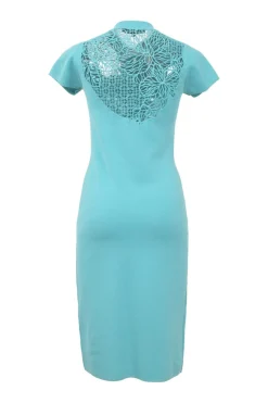 Black laser-cut silk-blend stand collar cap sleeve peek-a-boo qipao sheath dress with slanted button-loop fastening