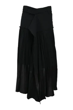 Black layered semi-sheer cotton pull-on mid-rise drop-waist midi skirt with asymmetric hem