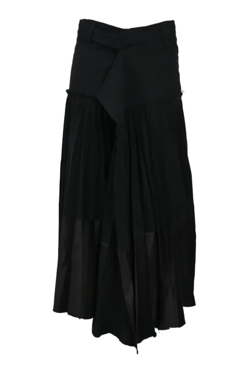 Black layered semi-sheer cotton pull-on mid-rise drop-waist midi skirt with asymmetric hem