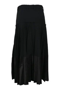 Black layered semi-sheer cotton pull-on mid-rise drop-waist midi skirt with asymmetric hem