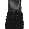Black layered sheer rayon-blend mesh sleeveless drop-waist illusion shift dress with tiered scalloped skirt