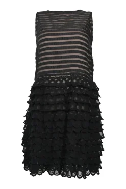 Black layered sheer rayon-blend mesh sleeveless drop-waist illusion shift dress with tiered scalloped skirt