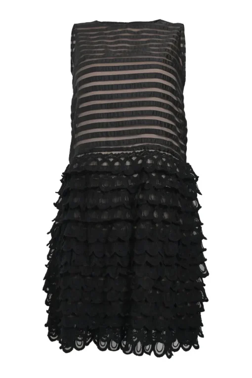 Black layered sheer rayon-blend mesh sleeveless drop-waist illusion shift dress with tiered scalloped skirt