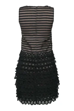 Black layered sheer rayon-blend mesh sleeveless drop-waist illusion shift dress with tiered scalloped skirt