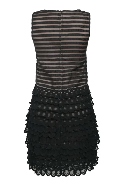Black layered sheer rayon-blend mesh sleeveless drop-waist illusion shift dress with tiered scalloped skirt