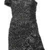 Black layered silk sequin mesh asymmetric cold-shoulder mini dress with ruffle-trimmed tulip skirt