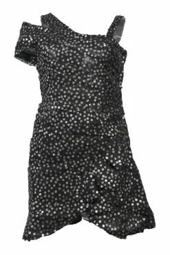 Black layered silk sequin mesh asymmetric cold-shoulder mini dress with ruffle-trimmed tulip skirt