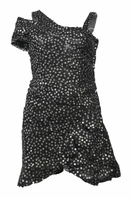 Black layered silk sequin mesh asymmetric cold-shoulder mini dress with ruffle-trimmed tulip skirt