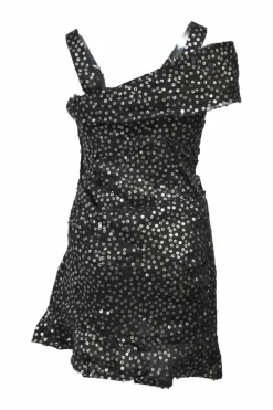 Black layered silk sequin mesh asymmetric cold-shoulder mini dress with ruffle-trimmed tulip skirt