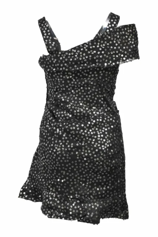 Black layered silk sequin mesh asymmetric cold-shoulder mini dress with ruffle-trimmed tulip skirt