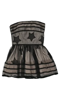 Black layered star plumetis tulle polyester corset-style illusion strapless peplum top