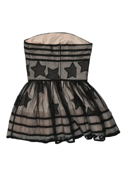 Black layered star plumetis tulle polyester corset-style illusion strapless peplum top