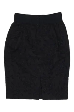Black layered wool-blend metallic floral lace high-rise pencil skirt with slit back
