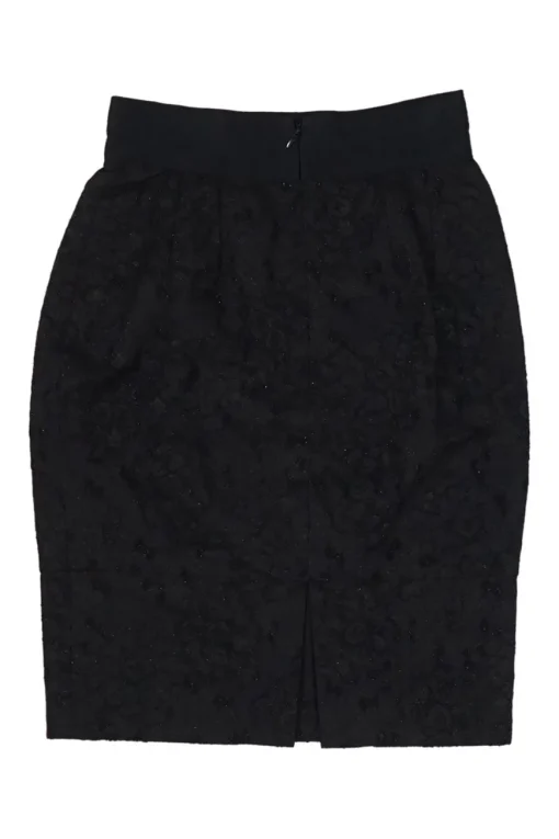 Black layered wool-blend metallic floral lace high-rise pencil skirt with slit back