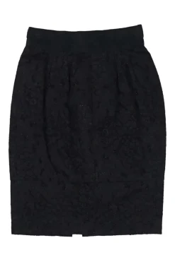 Black layered wool-blend metallic floral lace high-rise pencil skirt with slit back