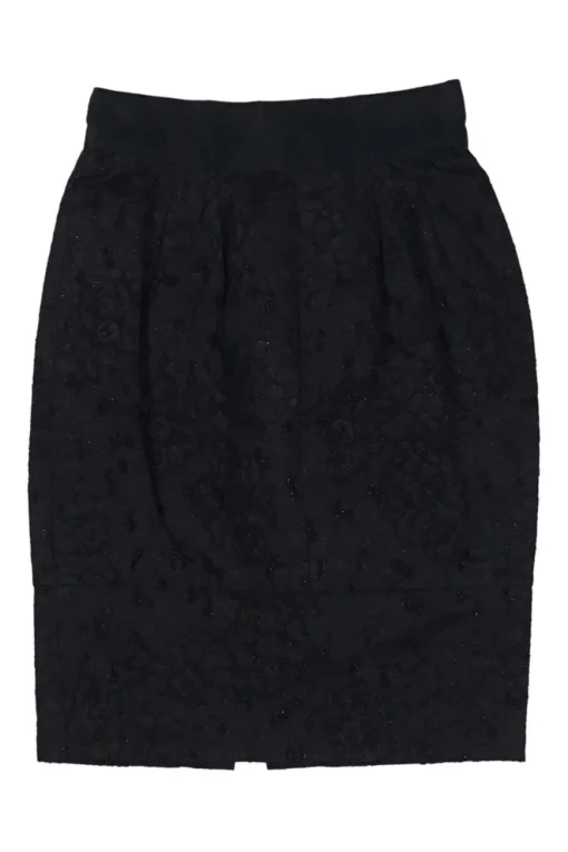 Black layered wool-blend metallic floral lace high-rise pencil skirt with slit back