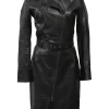 Black leather wrap-front moto sheath dress with buckle belt fastening