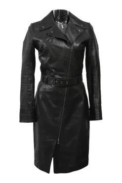 Black leather wrap-front moto sheath dress with buckle belt fastening