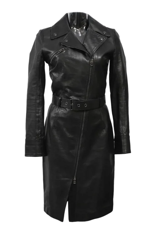 Black leather wrap-front moto sheath dress with buckle belt fastening