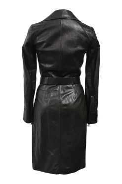 Black leather wrap-front moto sheath dress with buckle belt fastening