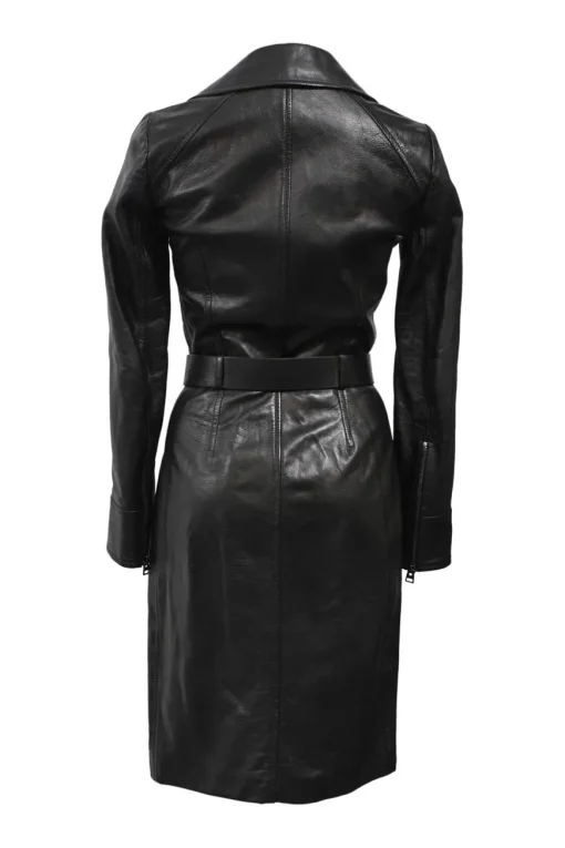 Black leather wrap-front moto sheath dress with buckle belt fastening