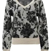 Black merino wool-blend floral jacquard knit V-neck pullover sweater