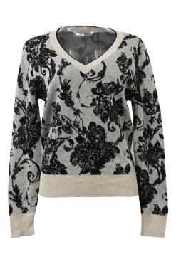 Black merino wool-blend floral jacquard knit V-neck pullover sweater