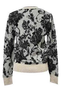 Black merino wool-blend floral jacquard knit V-neck pullover sweater