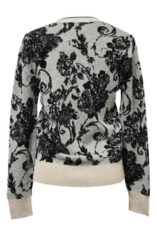 Black merino wool-blend floral jacquard knit V-neck pullover sweater
