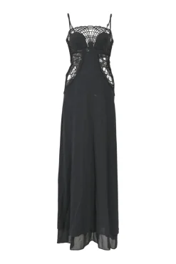 Black mesh-trimmed silk-blend georgette fantasy cutout soutache slip gown