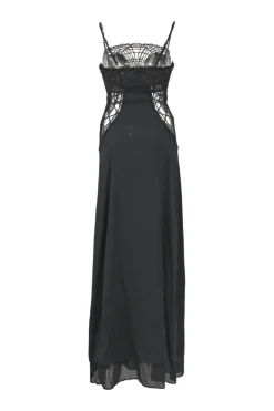 Black mesh-trimmed silk-blend georgette fantasy cutout soutache slip gown