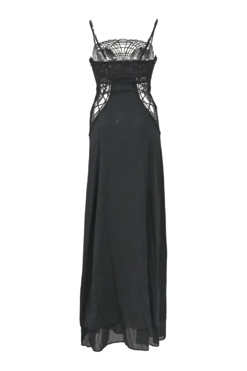 Black mesh-trimmed silk-blend georgette fantasy cutout soutache slip gown