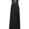 Black metallic butterfly-embroidered nylon tulle sleeveless illusion gown
