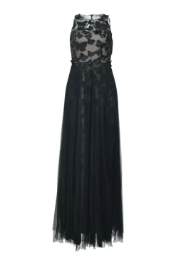 Black metallic butterfly-embroidered nylon tulle sleeveless illusion gown