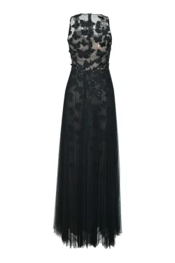 Black metallic butterfly-embroidered nylon tulle sleeveless illusion gown