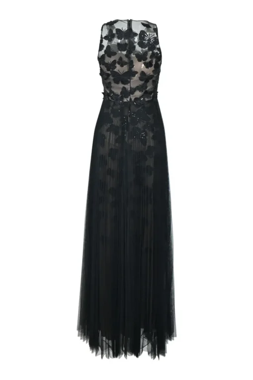Black metallic butterfly-embroidered nylon tulle sleeveless illusion gown