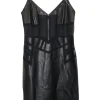 Black mixed media paneled silk, cotton, and lambskin slip-style mini sheath dress