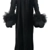 Black mixed-media column maxi dress with exploded ruched sleeves