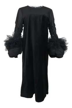 Black mixed-media column maxi dress with exploded ruched sleeves