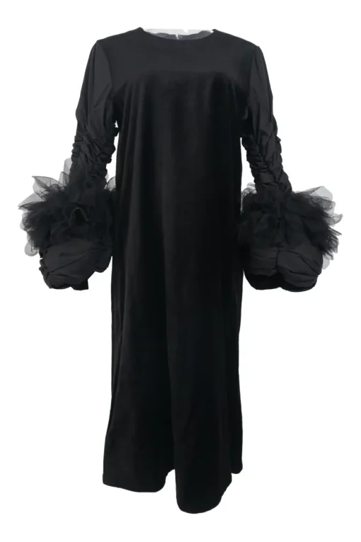 Black mixed-media column maxi dress with exploded ruched sleeves