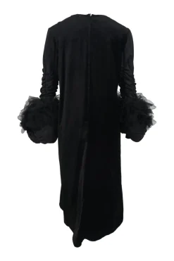 Black mixed-media column maxi dress with exploded ruched sleeves