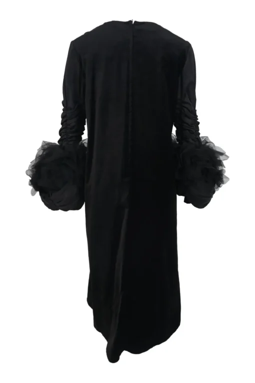 Black mixed-media column maxi dress with exploded ruched sleeves