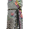 Black mixed-media embellished rayon-blend wrap sheath dress with studded tie-waist fastening