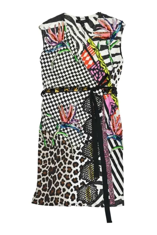 Black mixed-media embellished rayon-blend wrap sheath dress with studded tie-waist fastening